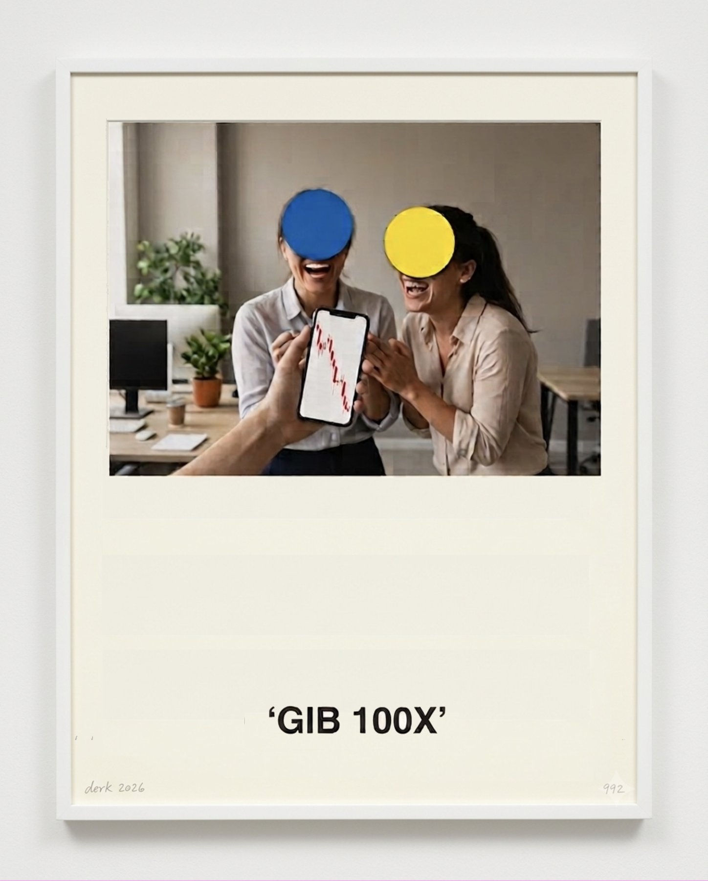 Two figures laughing over a phone showing a falling chart, their faces obscured by blue and yellow discs, captioned GIB 100X