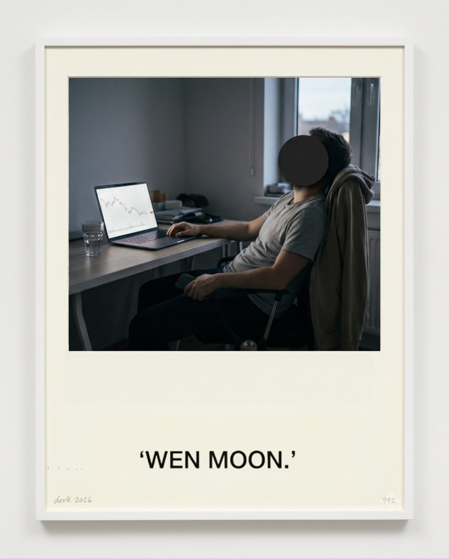 A man slumped at a desk in front of a falling chart on a laptop, face obscured by a dark disc, captioned WEN MOON