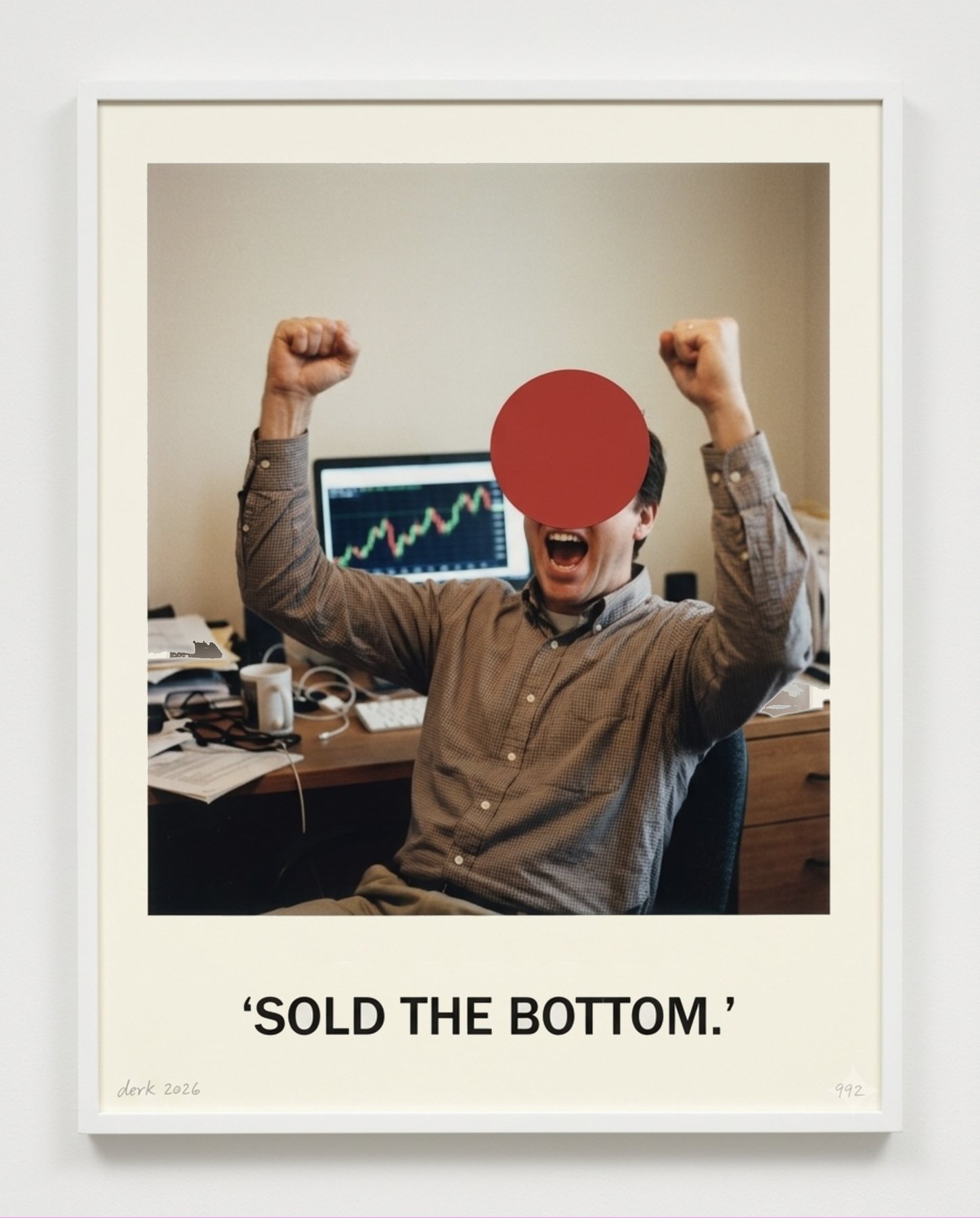 A man at a desk raising his fists in triumph in front of a rising chart, face obscured by a red disc, captioned SOLD THE BOTTOM