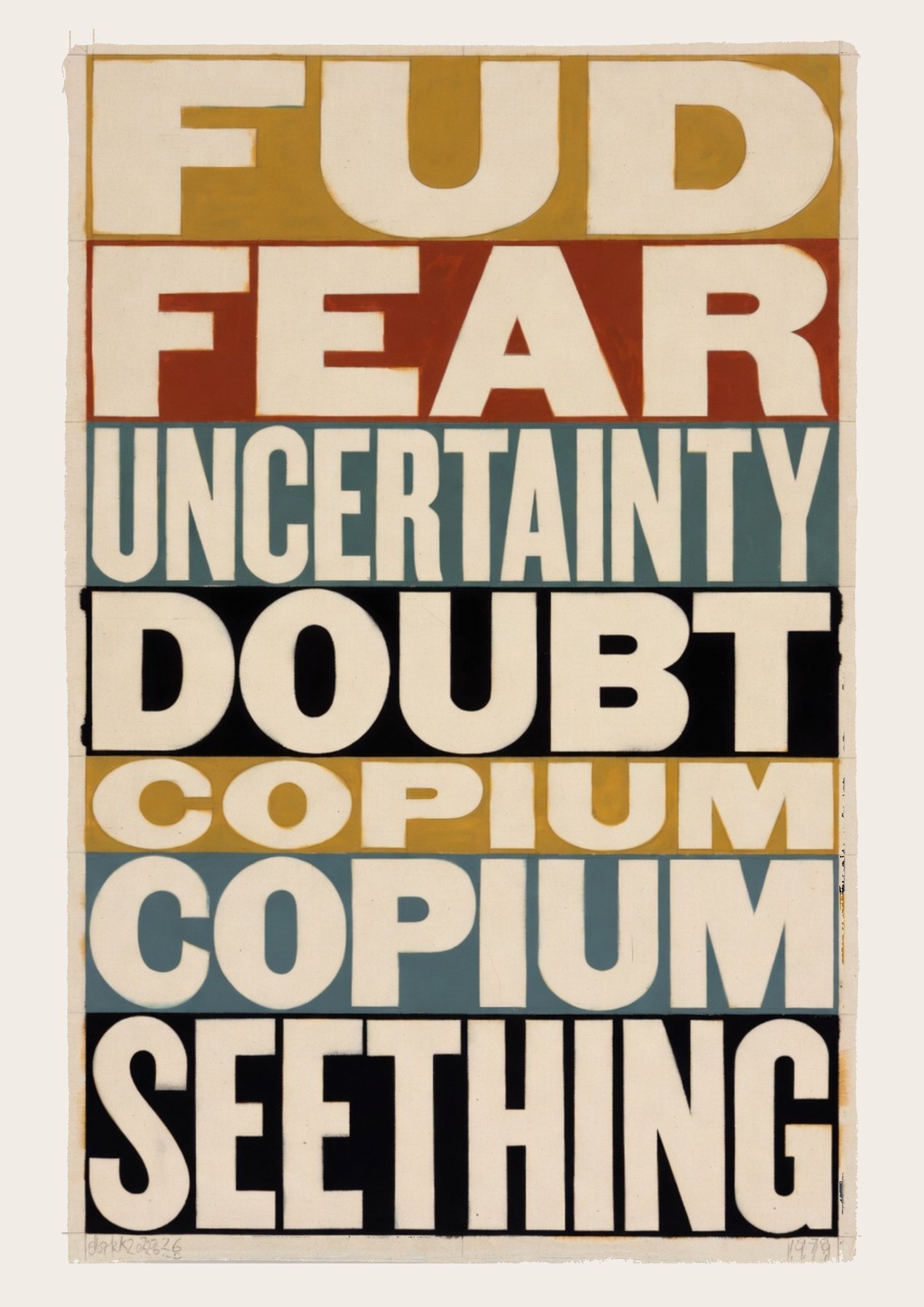 Stacked bold text reading FUD FEAR UNCERTAINTY DOUBT COPIUM COPIUM SEETHING in alternating color bands