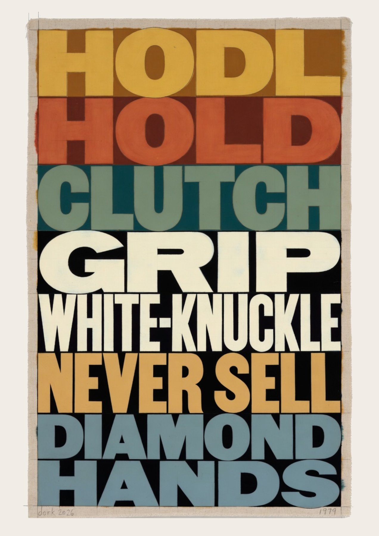 Stacked bold text reading HODL HOLD CLUTCH GRIP WHITE-KNUCKLE NEVER SELL DIAMOND HANDS in alternating color bands