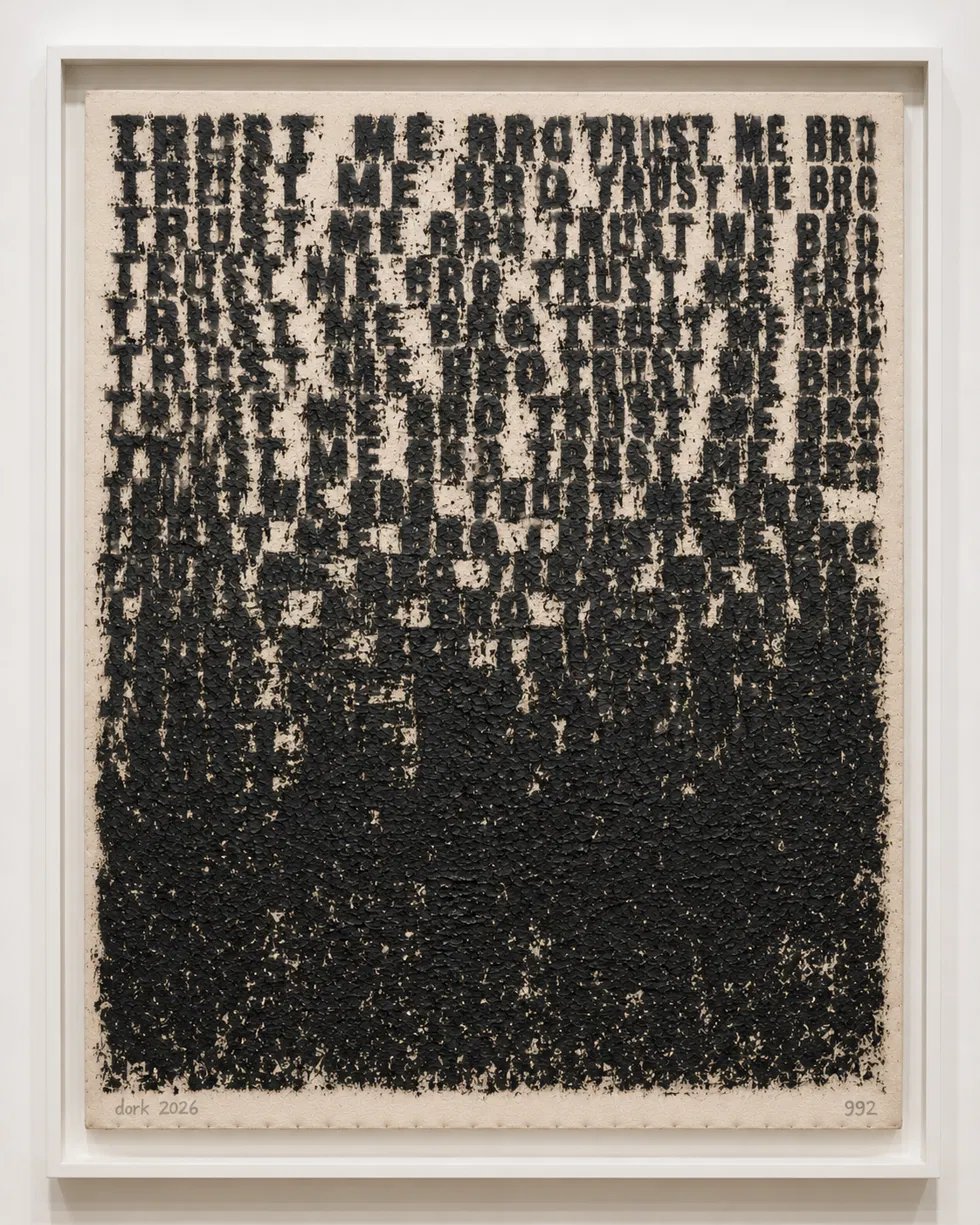 Stenciled text TRUST ME BRO repeated in rows, thickening and dissolving into a black coal-dust mass toward the bottom of the canvas