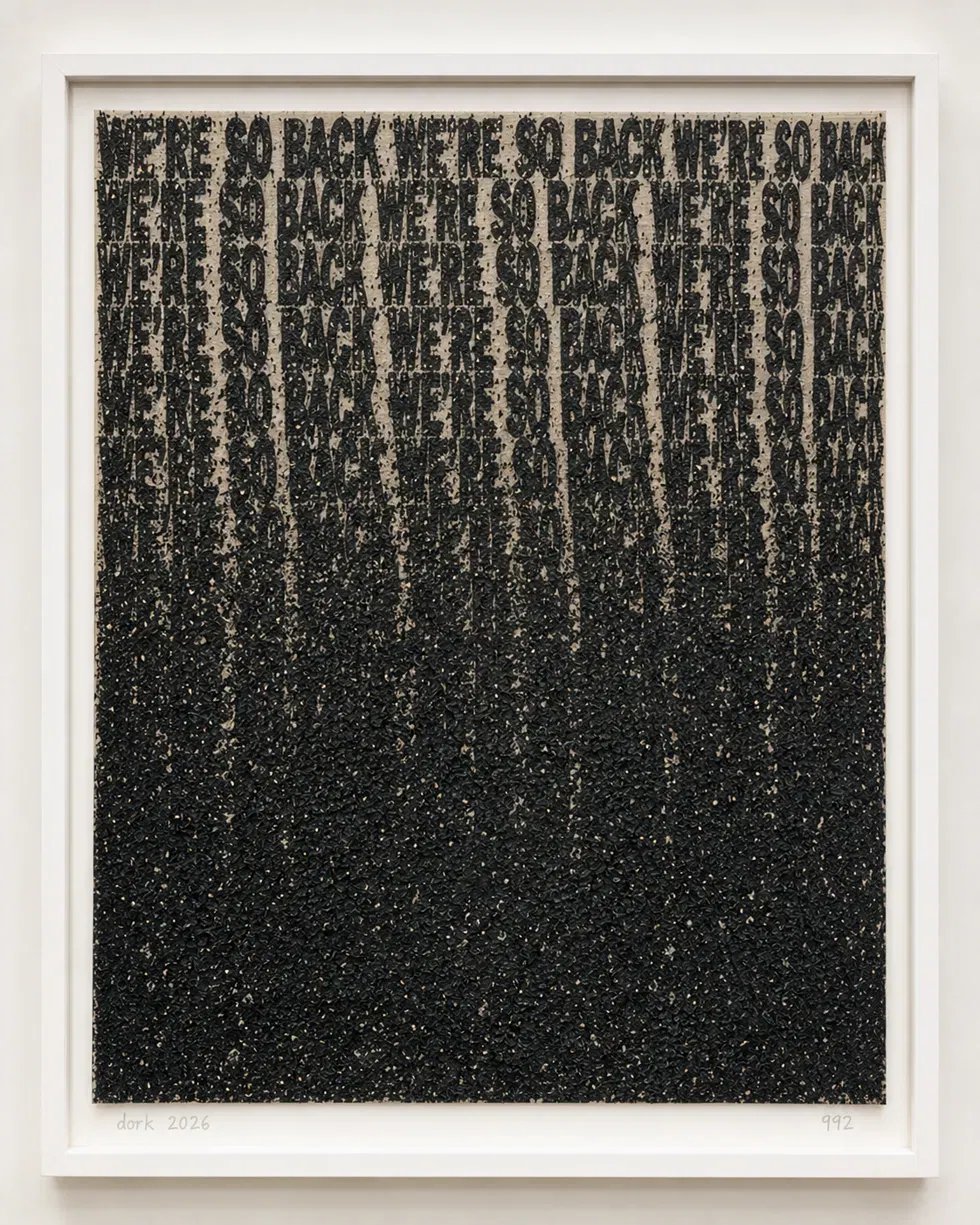 Stenciled text WE'RE SO BACK repeated in rows, thickening and dissolving into a black coal-dust mass toward the bottom of the canvas