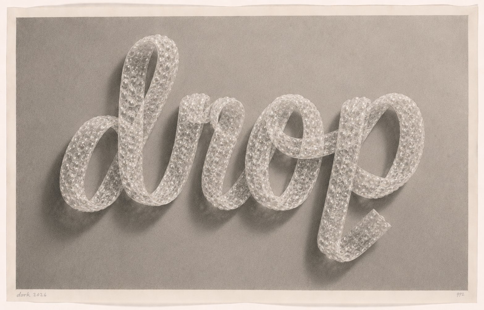 The word drop rendered in looping cursive bubble wrap on a grey studio backdrop