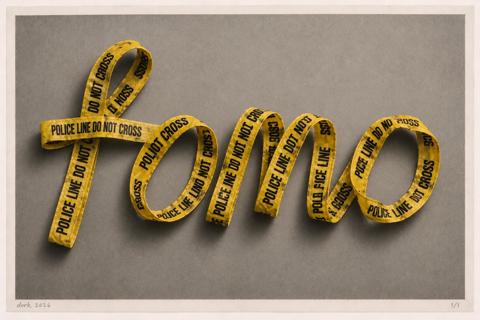 The word FOMO rendered in looping yellow police caution tape on a grey studio backdrop