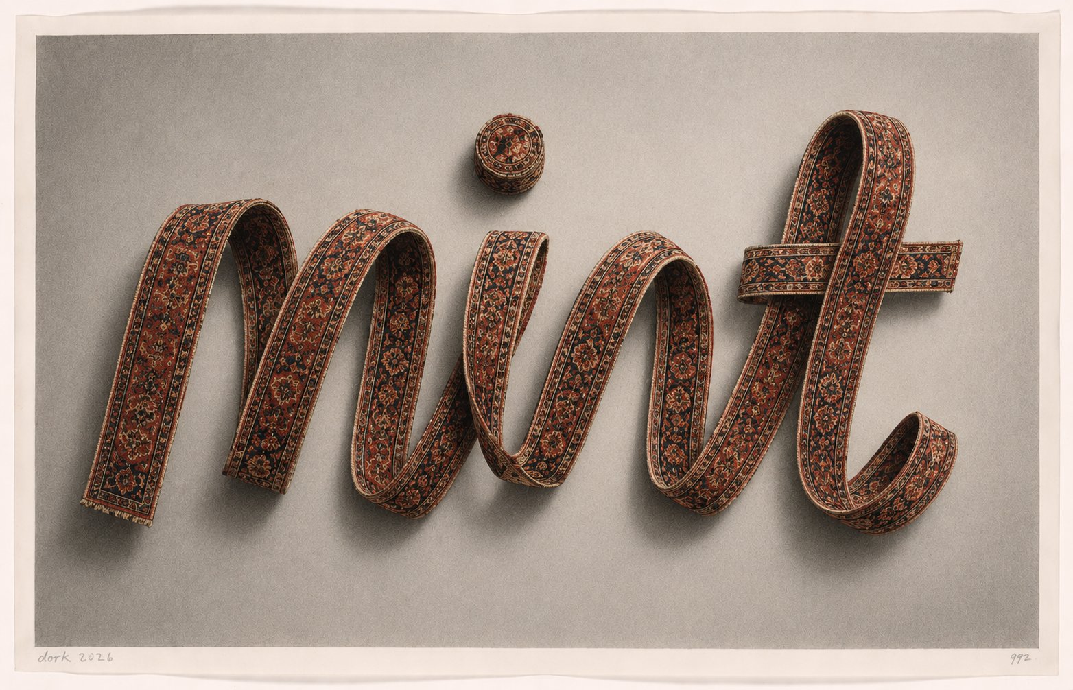 The word mint rendered in looping cursive antique Persian carpet runner on a grey studio backdrop