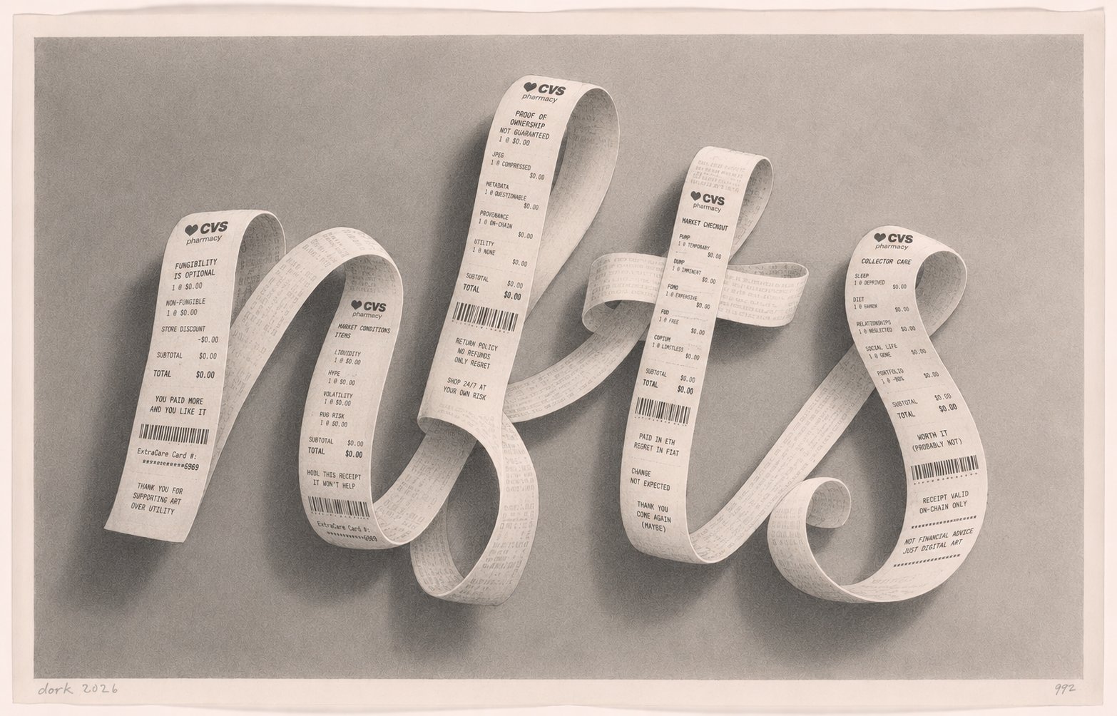 The word nfts rendered in looping cursive pharmacy receipt paper, itemized with line items, on a grey studio backdrop