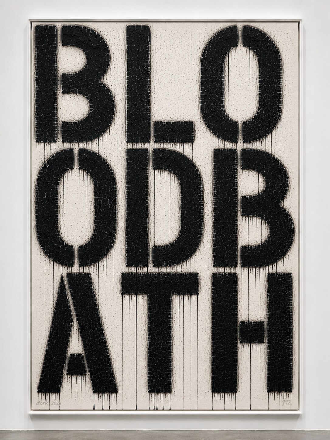 Stencilled black text BLOODBATH in bold condensed letterforms on a cracked off-white ground, long ink drips running from each line