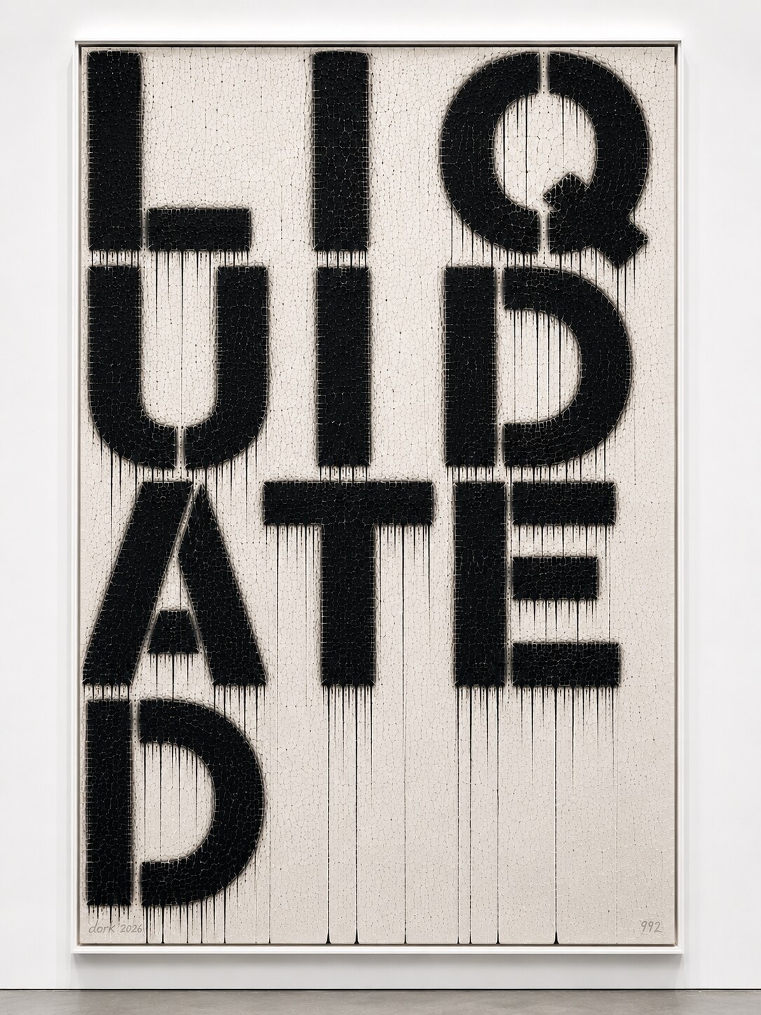 Stencilled black text LIQUIDATED in bold condensed letterforms on a cracked off-white ground, long ink drips running from each line