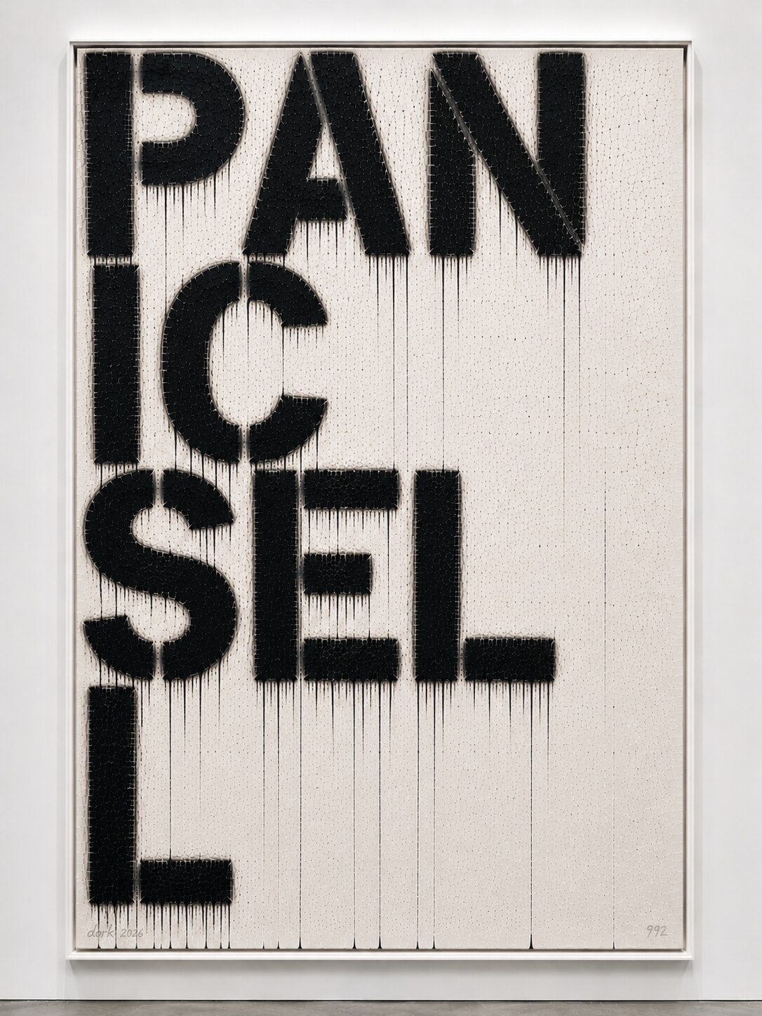 Stencilled black text PANIC SELL in bold condensed letterforms on a cracked off-white ground, long ink drips running from each line