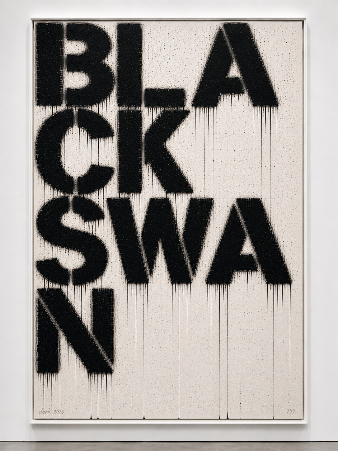 Stencilled black text BLACK SWAN in bold condensed letterforms on a cracked off-white ground, long ink drips running from each line
